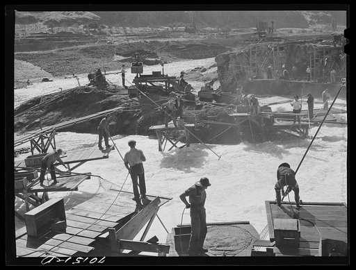 Indians fishing for salmon at Celilo Falls, Oregon. At the present time Indians have by treaty exclusive right for fishing in Columbia River which is adjacent to their reservation. This right is now being contested in lawsuits