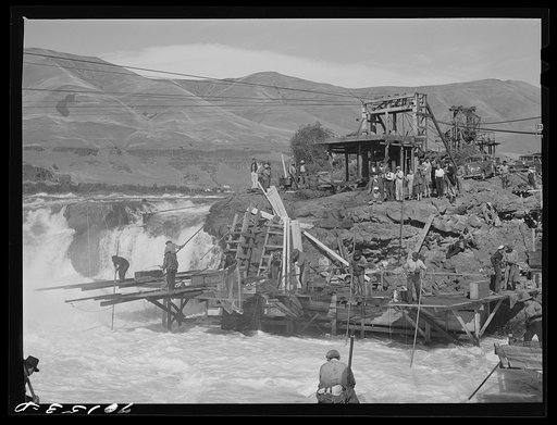 Indians fishing for salmon at Celilo Falls, Oregon