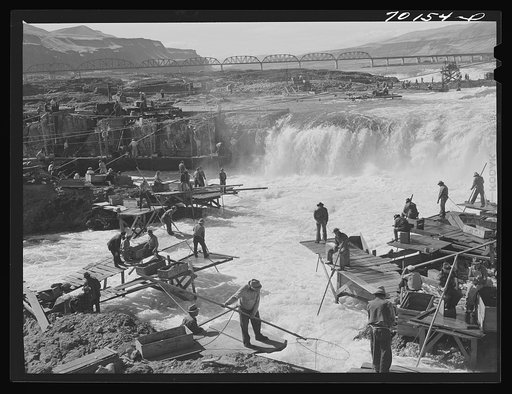 Indians fishing for salmon at Celilo Falls, Oregon