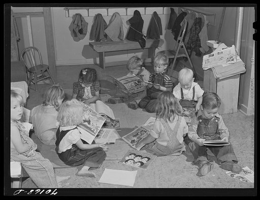 Children in the nursery school at the FSA (Farm Security Administration) farm family migratory labor camp. Yakima, Washington. Their parents were picking hops