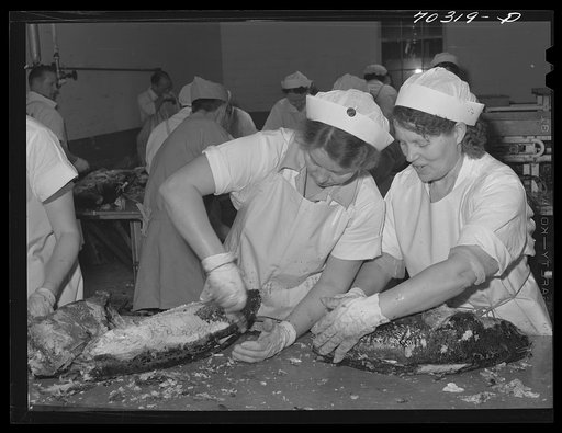 Astoria, Oregon. Stripping skin from cooked tuna fish at the Columbia River Packers' Association