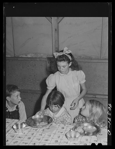 Lunchtime at the nursery school at the FSA (Farm Security Administration) mobile camp for migratory farm workers. At Odell, Oregon