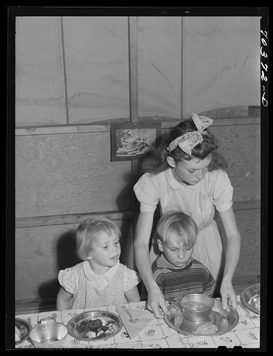 Untitled photo, possibly related to: Lunchtime at the nursery school at the FSA (Farm Security Administration) mobile camp for migratory farm workers. At Odell, Oregon