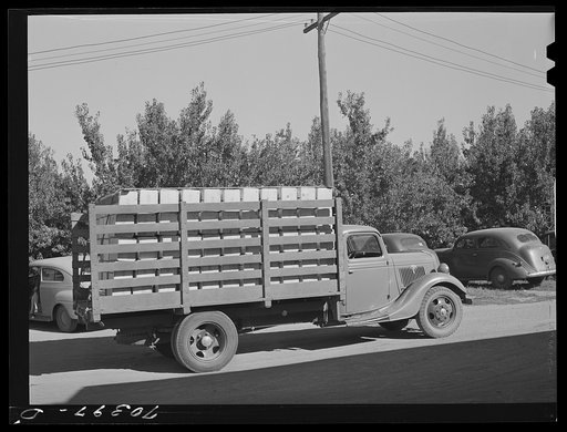 Crates of pears going into town for shipment by rail to the markets. Hood River, Oregon