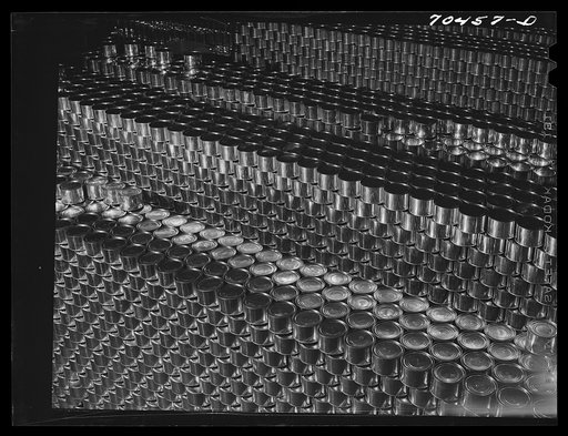 Stacks of canned salmon. Columbia River Packing Association, Astoria, Oregon