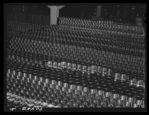 Stacks of canned salmon. Columbia River Packing Association, Astoria, Oregon