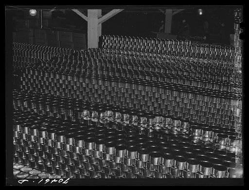 Untitled photo, possibly related to: Stacks of canned salmon. Columbia River Packing Association, Astoria, Oregon