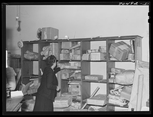 Parcel post racks at the post office at Hermiston, Oregon