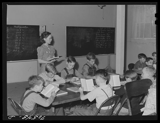 School in basement of church. Hermiston, Oregon. The school board didn't have adequate buses for transportation of all the children of workmen at Umatilla ordnance depot and consequently many did not attend school