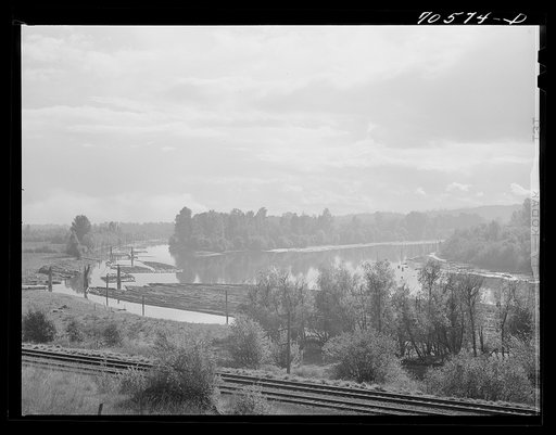 Log rafts in Columbia River. Cowlitz County, Washington