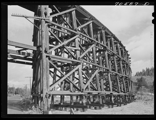 Detail of wooden trestle for railroad. Cowlitz County, Washington