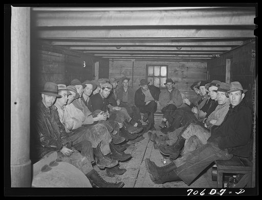 Long Bell Lumber Company, Cowlitz County, Washington. Lumberjacks in one of the crummies, a railroad car which transports them to the woods from the town of Ryderwood