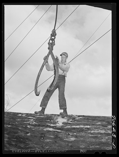 Lumberjack ready to sink the hook into a log. Long Bell Lumber Company, Cowlitz County, Washington