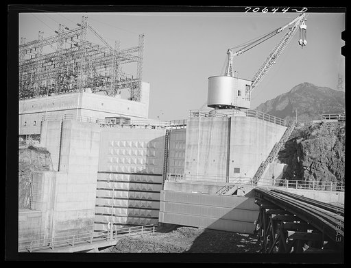 Untitled photo, possibly related to: Gates to navigation locks, Bonneville Dam, Oregon. This is a lift lock, seventy-five feet wide and five hundred feet long. This is the highest single lift lock in the world, being fifty-nine feet high