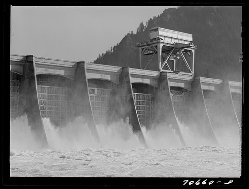 Detail of gate controlled spillway dam. Bonneville Dam, Oregon