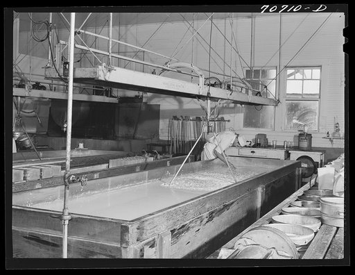 Untitled photo, possibly related to: Tillamook cheese plant. Tillamook County, Oregon. A lactic ferment starter is added when the milk is poured into these 10,000 pound stainless steel vats. Worker is testing acidity of curdling milk