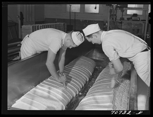 Cutting through the curd which has cheddared, and thus releasing the whey. Tillamook cheese plant, Tillamook, Oregon