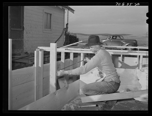 Carpenter at work on house of farmer on Black Canyon Project. Canyon County, Idaho