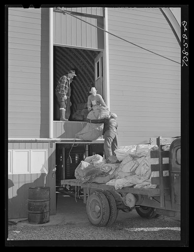 Checking in equipment from FSA (Farm Security Administration) mobile camps as it arrives at the FSA permanent camp at Caldwell, Idaho