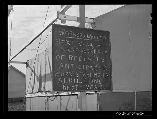 Sign at the FSA (Farm Security Administration) mobile camp for farm workers at Wilder, Idaho