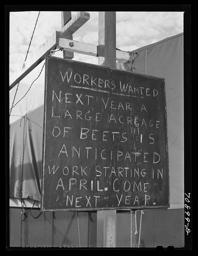 Untitled photo, possibly related to: Sign at the FSA (Farm Security Administration) mobile camp for farm workers at Wilder, Idaho