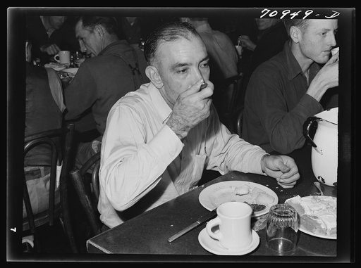 Untitled photo, possibly related to: Workmen at Shasta Dam eating dinner at the commissary. Shasta County, California