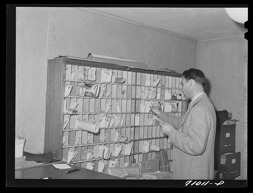 Vallejo, California. Mail racks at the office of the FSA (Farm Security Administration) dormitories for defense workers