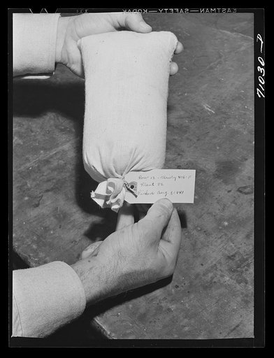 Salinas, California. Intercontinental Rubber Producers. A sack of seed from selected guayule plants. This selected seed will be used for experimental work in seed propagation to raise shrubs for maximum production