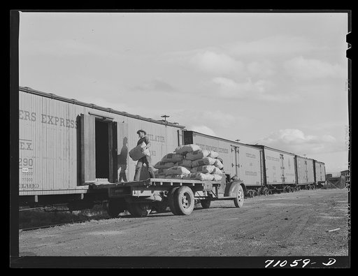 Untitled photo, possibly related to: Klamath County, Oregon. Loading sacks of potatoes into railroad cars for shipment