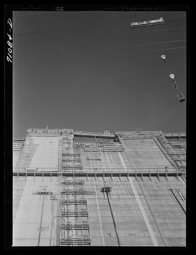 Looking up face of Shasta Dam, under construction. Shasta County, California
