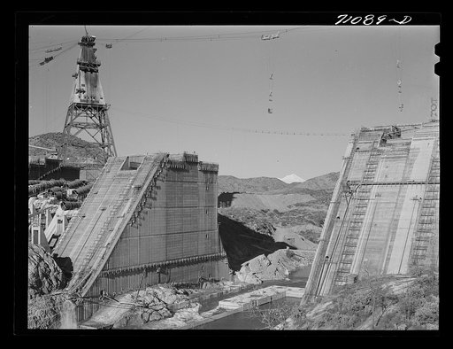 Shasta Dam under construction. Mount Shasta in background. Shasta County, California
