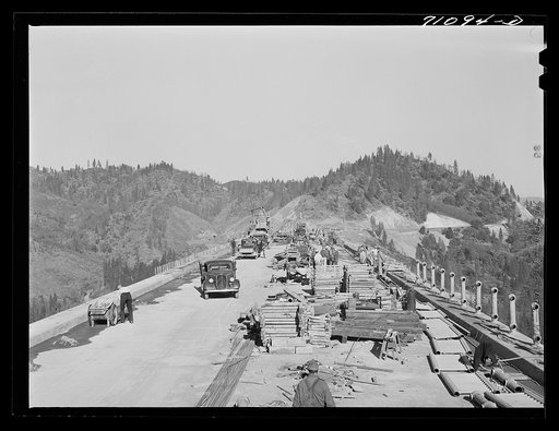 Construction work on Pit River Bridge, Shasta County, California. This bridge will be necessary after the Shasta Dam is completed. The backed up water will cover the lower lands
