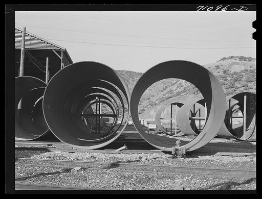 Segments of penstock pipe which will be used to conduct water from the reservoir formed by Shasta Dam to the hydroelectric turbines. Shasta County, California
