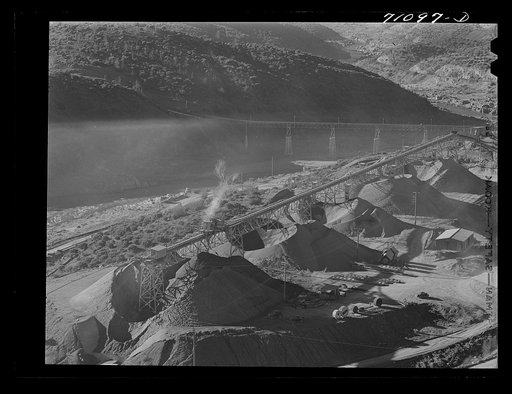 Untitled photo, possibly related to: Gravel at end of belt conveyor. Shasta Dam, Shasta County, California