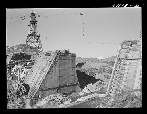 Untitled photo, possibly related to: Shasta Dam under construction. Mount Shasta in background. Shasta County, California
