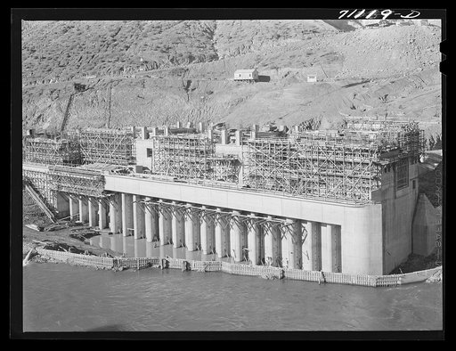 Construction work on powerhouse at Shasta Dam. Shasta County, California