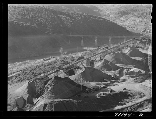 Gravel at end of belt conveyor. Shasta Dam, Shasta County, California