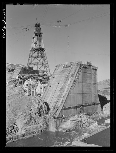 Shasta Dam under construction and cable tower. Shasta County, California