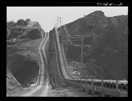 Rubber belt coveyor which brings gravel to Shasta Dam. Shasta County, California