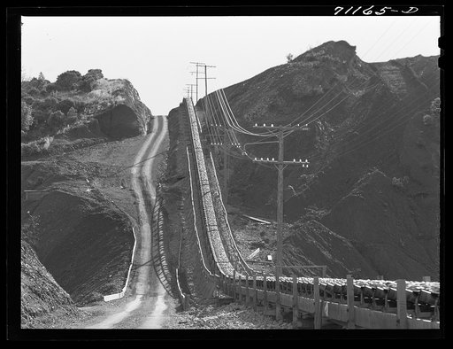 Untitled photo, possibly related to: Rubber belt coveyor which brings gravel to Shasta Dam. Shasta County, California