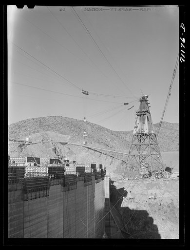 The tower from which cable cars carry materials to construction work at Shasta Dam. Shasta County, California