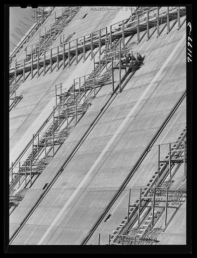 Construction work on face of Shasta Dam. Shasta County, California
