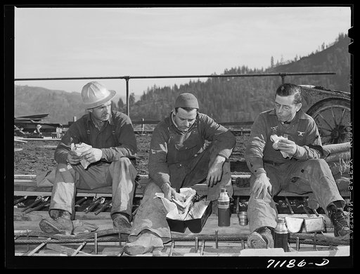 Workmen eat lunch. Shasta Dam, Shasta County, California