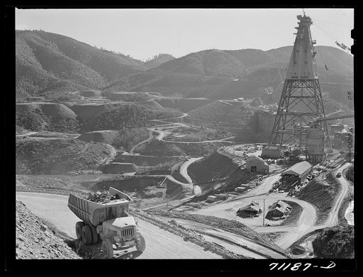 Roads and cable tower at Shasta Dam. Shasta County, California