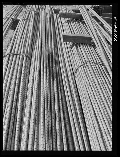 Reinforcing steel to be used in construction of Shasta Dam. Shasta County, California