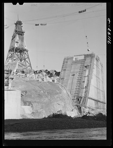 Shasta Dam under construction and cable tower. Shasta County, California