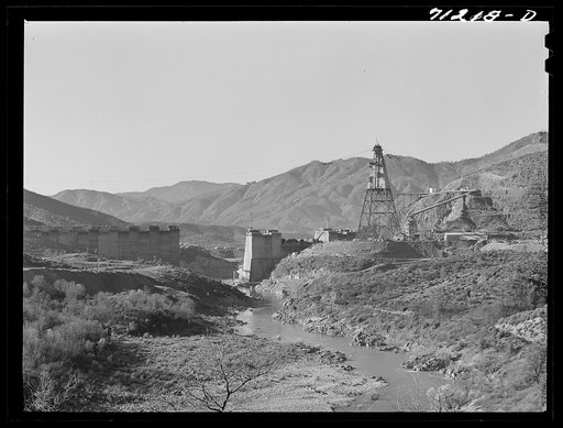 Untitled photo, possibly related to: Shasta Dam, Shasta County, California. Looking down the river towards Shasta Dam under construction