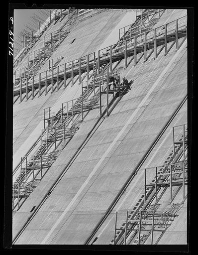 Untitled photo, possibly related to: Construction work on face of Shasta Dam. Shasta County, California