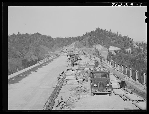 Untitled photo, possibly related to: Construction work on Pit River Bridge, Shasta County, California. This bridge will be necessary after the Shasta Dam is completed. The backed up water will cover the lower lands