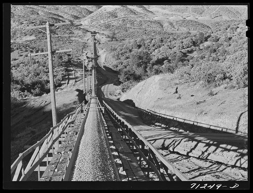 Gravel on belt conveyor. Shasta Dam, Shasta, California